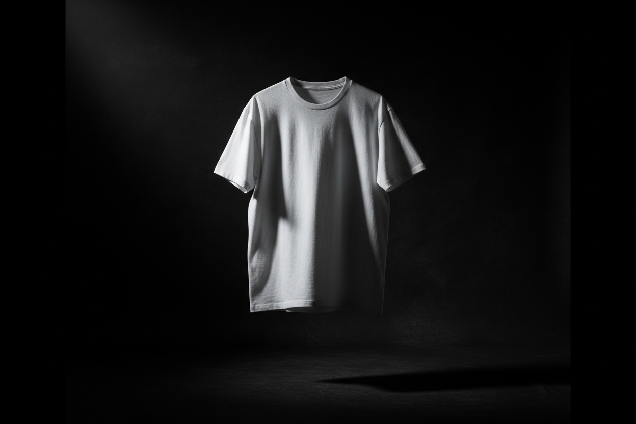 black dark background studio with a floating oversized T-shirt and a light showcasing it