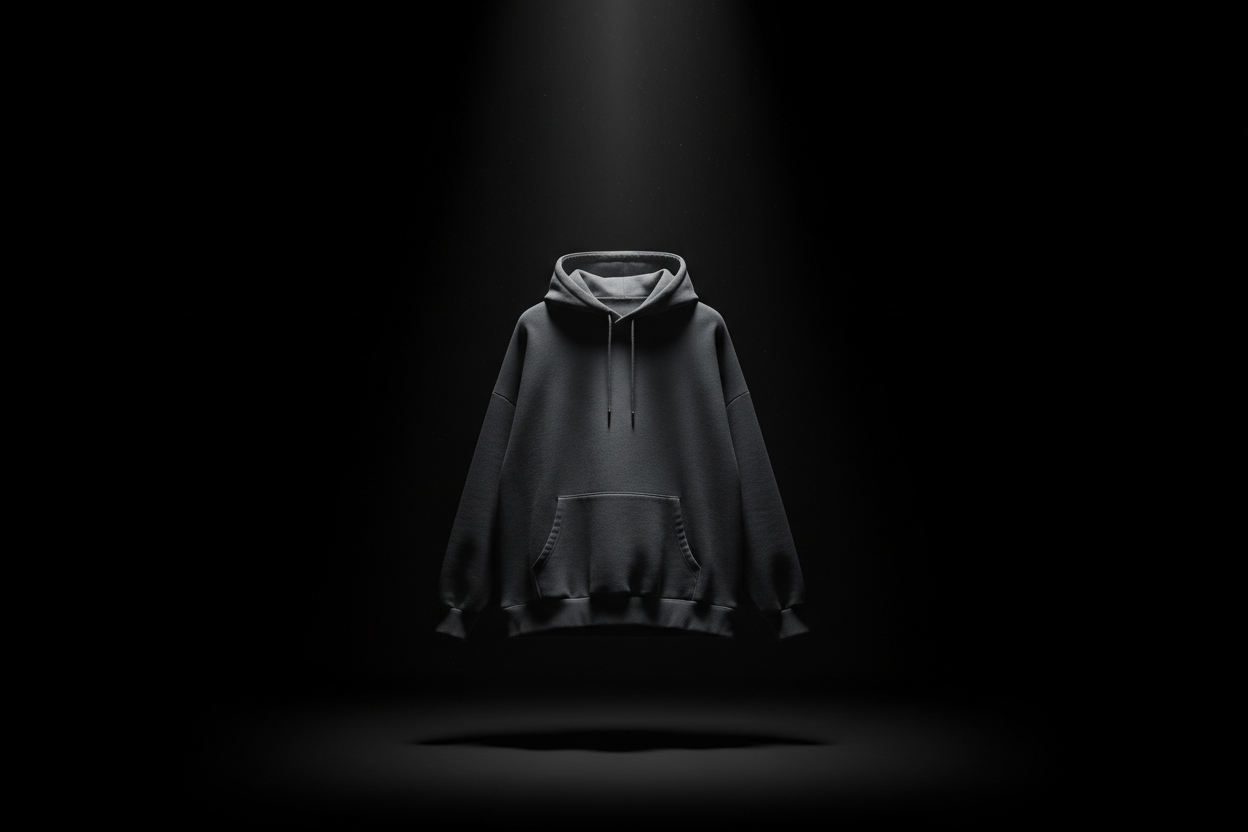 black dark studio with a floating hoodie and a light showcasing it